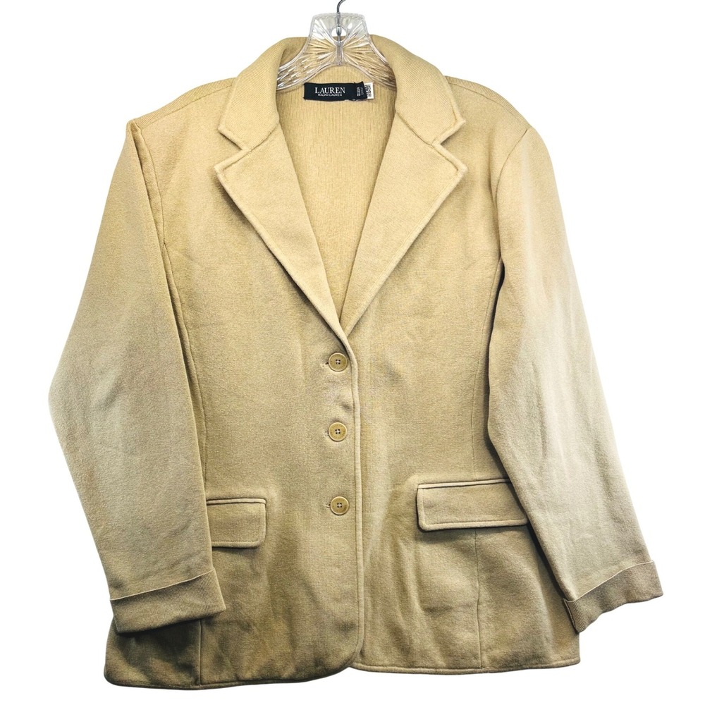 Lauren Ralph Lauren Womens XL Tan Knit Blazer 3-Button Sweater Jacket Beige